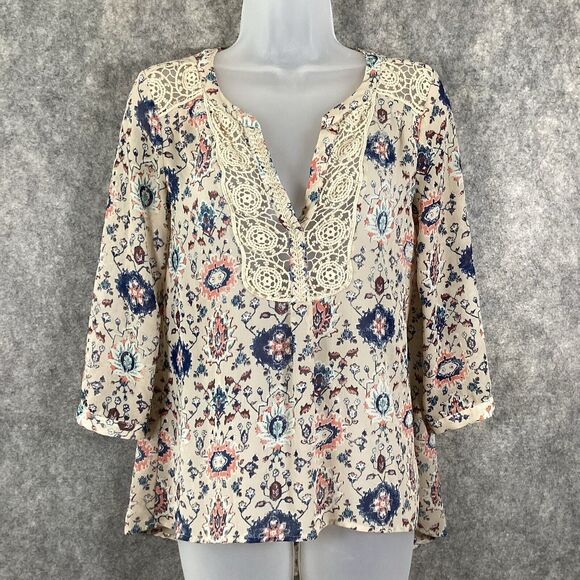 Maeve Stillwater Blouse Henley Top Size *Medium Neutral Motif ANTHROPOLOGIE BOHO - Picture 3 of 16